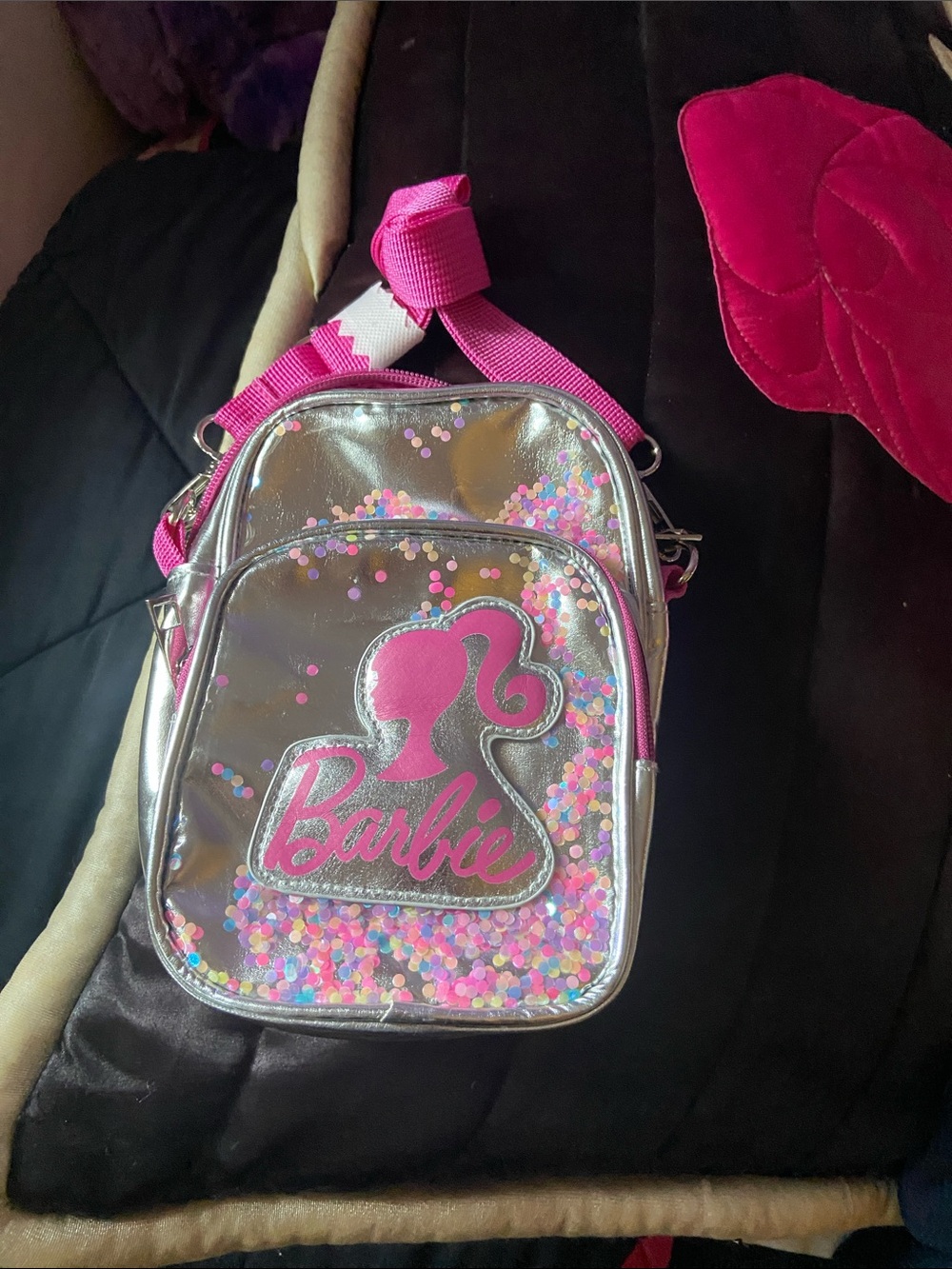Barbie Silver Metallic Crossbody Bag with Hot Pink Accents